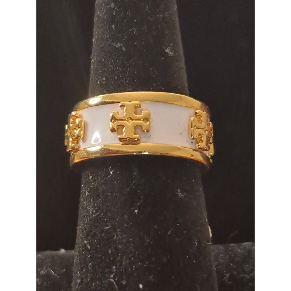 Tory Burch Wide Band Ring White Enamel Gold Logo Size 8 Signed New